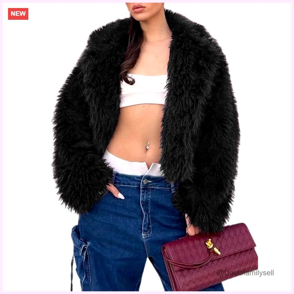 Cropped Faux Fur Jacket Long Sleeve Open Front Fluffy Outerwear